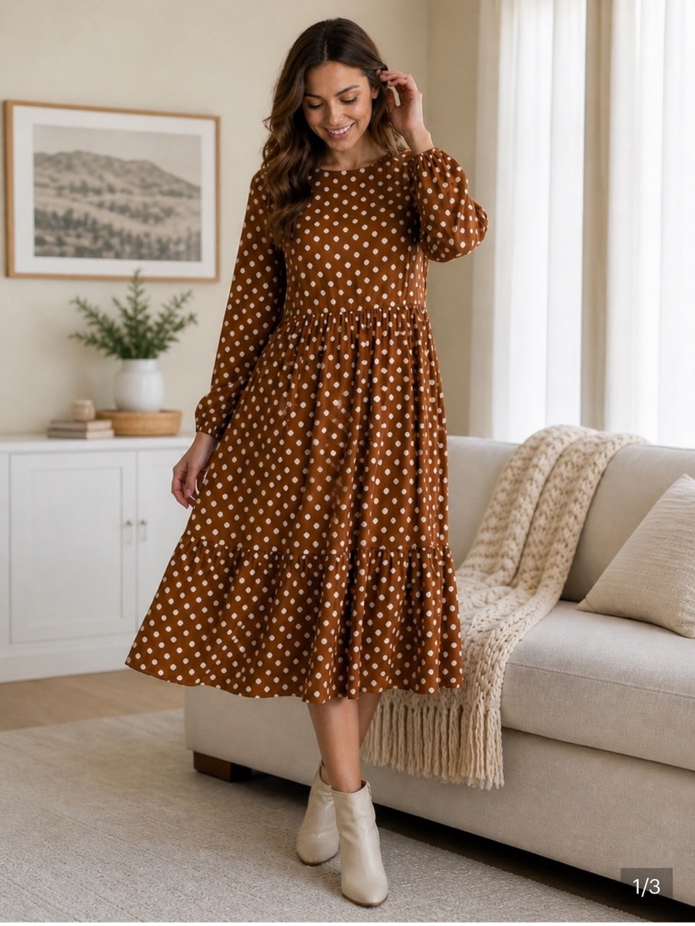 Joe Fresh Brown Polka Dot Midi Dress-Skirt